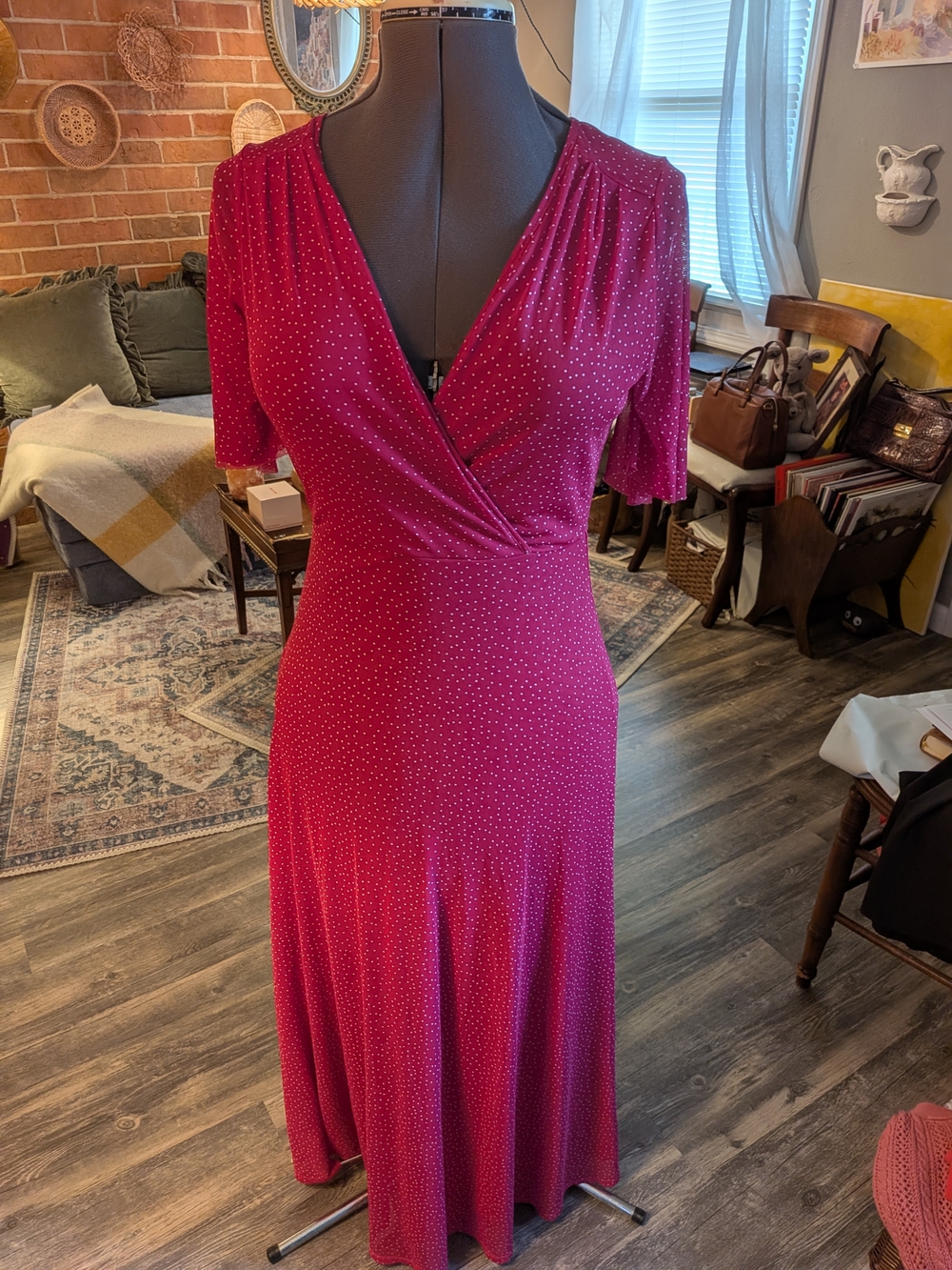 Allison Brittney Fitted Wrap Midi Dress in Berry with Micro Dot Print